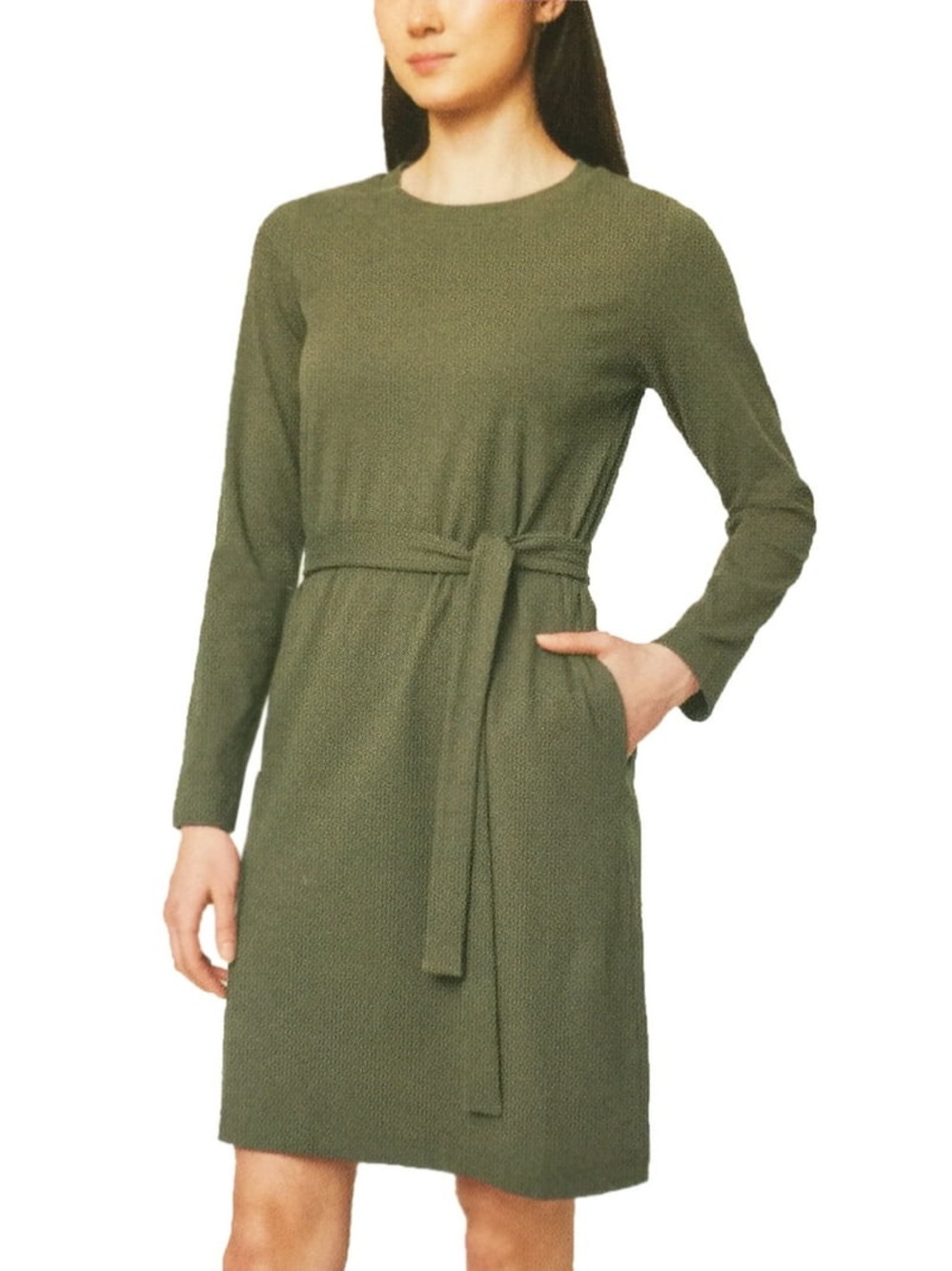 Modern Ambition Travel Crewneck Ribbed Dress‎ Olive Green Comfy Tie Waist Large